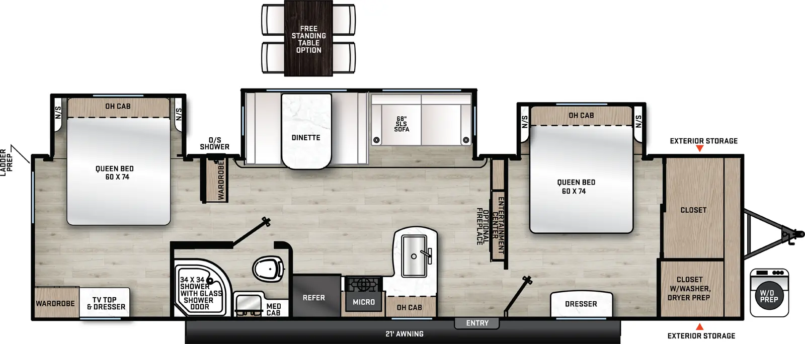 The 34BHTS (2 Queen Bed option) has 3 slide outs all on the off-door side with 1 entry door. Exterior features include outside shower and exterior storage on the off-door side,  21 foot awning and front exterior storage. Interior layout from front to back include: front bedroom with 60x74 Queen bed in an off-door side slide out, front closets with washer/dryer prep, dresser across from foot of bed; living/kitchen area with rear facing entertainment center, standard fireplace and pantry; off-door side slide out holding a dinette and sofa; door side kitchen with refrigerator, overhead microwave, stovetop, overhead cabinet, peninsula countertop with double basin sink; door-side side aisle bathroom with 34x34 shower with glass door, toilet, sink and medicine cabinet; pantry/wardrobe across from bathroom; rear bedroom with 60x74 Queen bed, nightstands and overhead cabinet in an off-door side slide out; wardrobe and TV cabinet across from bed.